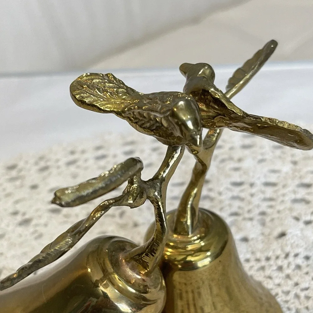 Vintage Signed Brass Double Bell Birds Branch Mid Century Modernist Decorative